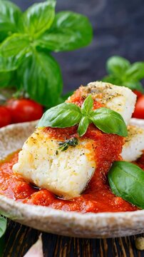 Fried cod fillet with tomato sauce and basil leaves served on a plate.