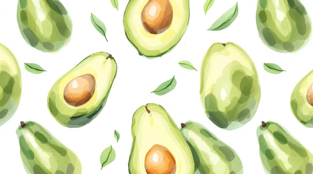 Watercolor background pattern avocado on white background