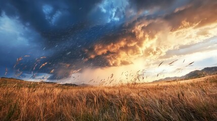 Obraz premium Dramatic Sky Above Expansive Wheat Field at Sunset