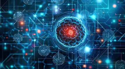 Obraz premium Colorful Abstract Illustration of a Cell Surrounded by Data Streams