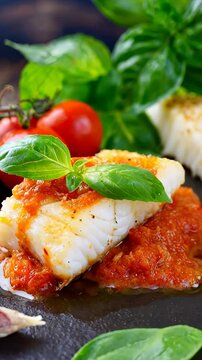 Fried cod fillet with tomato sauce and basil leaves served on a plate.