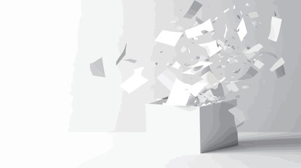 A digital rendering of a white cubic box with numerous small, white, irregularly shaped pieces exploding from its open top.  The pieces appear light and airy, creating a sense of movement. The