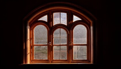 Fototapeta premium vintage wooden window with arch and glass panes warmly lit from within showcasing a rustic nostalgic charm against a dark background