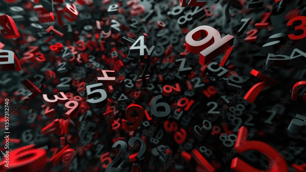 Poster floating black and red 3d numbers on a dark background. abstract 3d rendering art of number floating