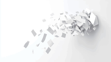 High-angle, close-up shot of numerous small, irregularly shaped white fragments scattered on a white background. The fragments appear to be in motion, creating a sense of dynamism and movement. The