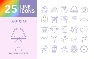 Gay pride month icon collection set of 25, celebrate diversity with LGBTQ symbols, simple outline vector design