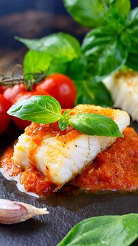 Fried cod fillet lying on tomato sauce with basil, cherry tomatoes, and garlic on black slate plate.