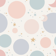 Pastel celestial seamless pattern with circles, stars and moon. Abstract Multicolored dots on cream background. Design for Kids, Nursery Decor, baby aparel, wallpaper, wrapping, fabric