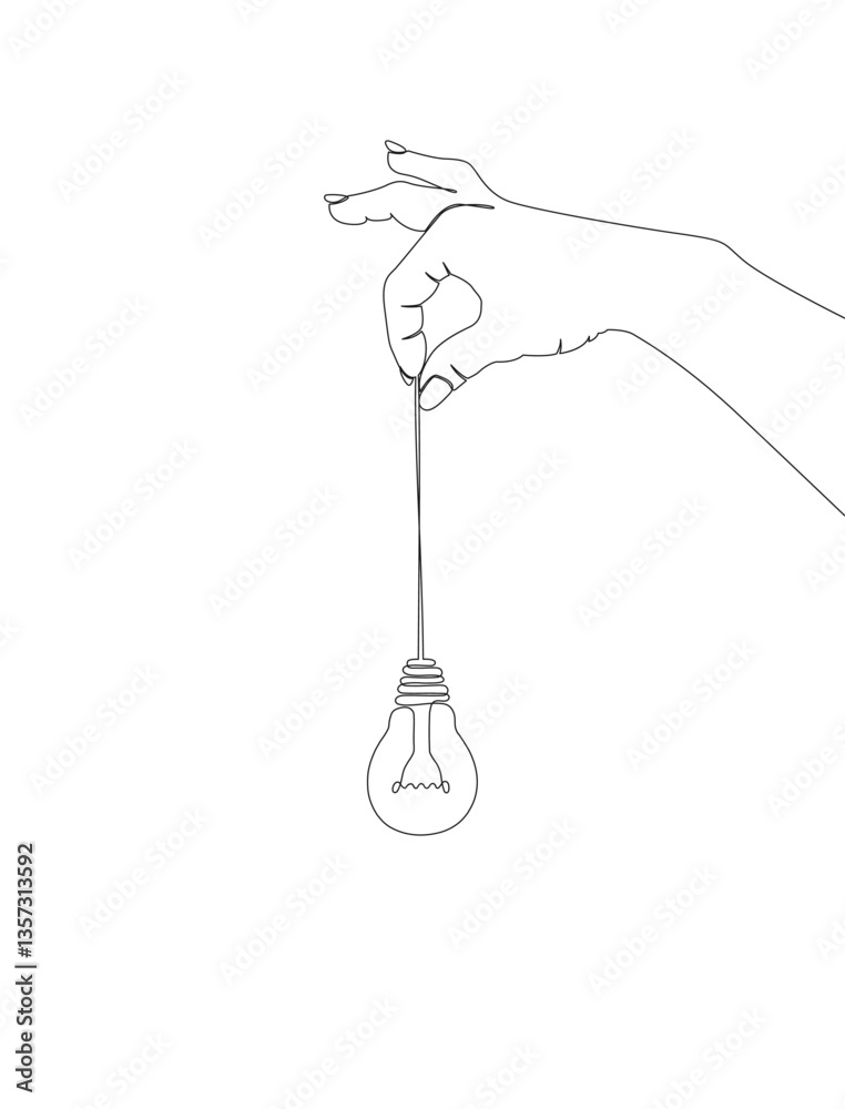 Poster continuous one line drawing of hand holding a hanging electric light bulb. concept of idea emergence
