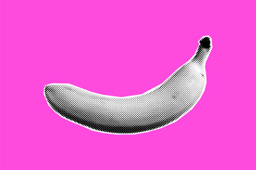 Banana in black and white created with dot pattern and halftone effect. Stylized banana fruit on a pink background in trendy collage style. Vector.
