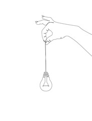 Continuous one line drawing of hand holding a hanging electric light bulb. Concept of idea emergence. Vector.
