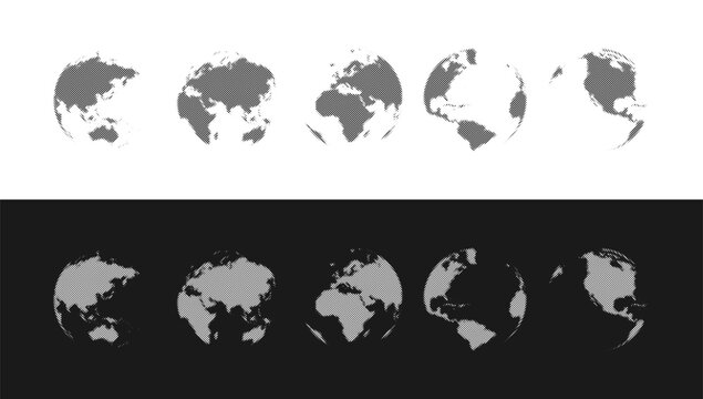 World globe set created with dot pattern and halftone effect. Earth globes from different sides. Halftone planet symbol. Vector.