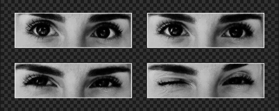 Set of pairs of eyes created with dot pattern and halftone effect. Cut out magazine elements for collage, girly eyes with eyebrows with different views and emotions on transparent background.