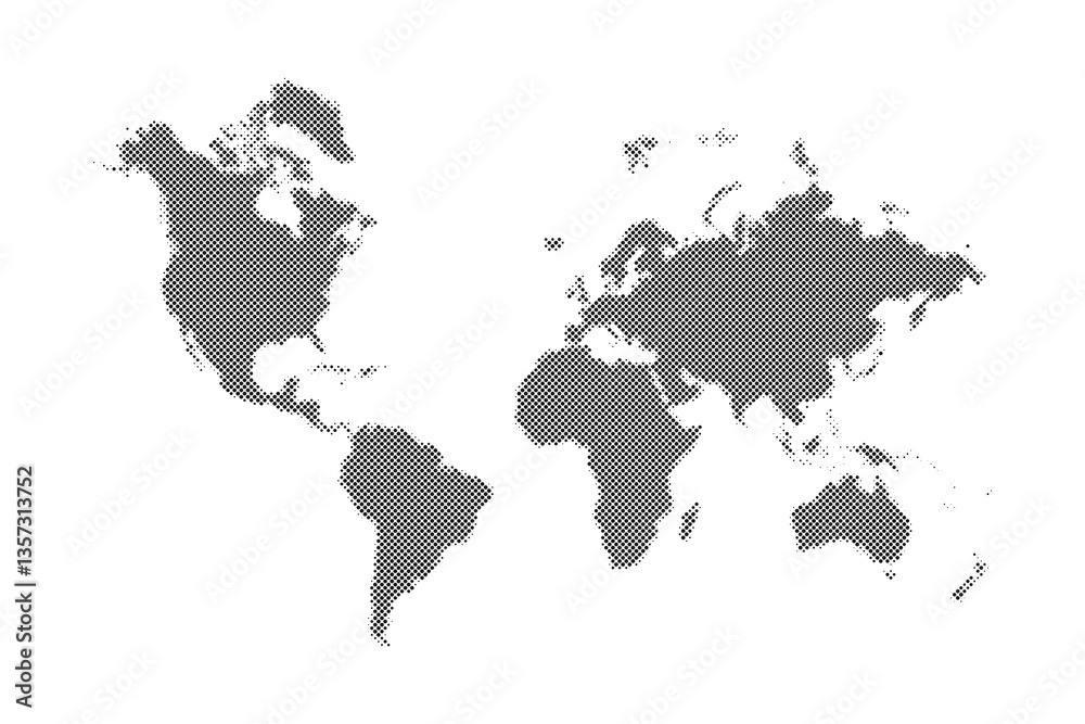 Aufkleber Halftone world map. Monochrome dotted world map. Continents and islands contours created with halftone dot pattern. Vector.