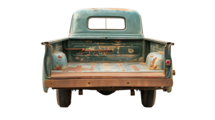 Open empty back of pickup vintage truck isolated on white and transparent background, cut out png