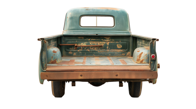 Open empty back of pickup vintage truck isolated on white and transparent background, cut out png