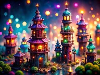 Obraz premium Enchanted Pixel Art Towers: Magical Aura & Arcane Symbols - Tilt-Shift Fantasy