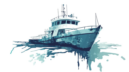 Naklejka premium A digital watercolor illustration depicting a boat, possibly a research or fishing vessel, rendered in shades of blue and white. The style is painterly and loose, with visible brushstrokes and