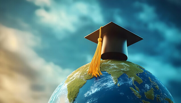 A graduation cap rests on top of a globe, symbolizing global education and achievement in academics around the world.