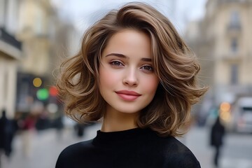 Obraz premium Elegant rooftop fashion photography chic woman with soft ash brown hair in urban setting
