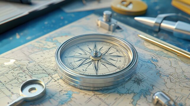 A vintage-style compass rose surrounded by maps and navigation tools 