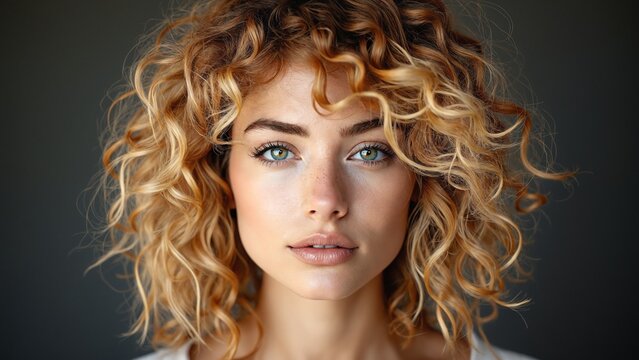 Model with striking curly, voluminous, tousled hair in a vibrant shade of Bronde ombr&eacute;