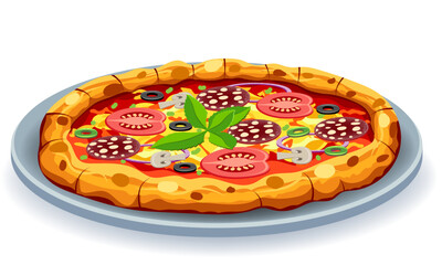 crispy pizza freshly baked with sausage, tomatoes, olives, mushrooms and cheese vector illustration isolated on white background