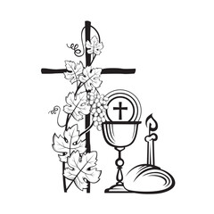 holy communion icon with chalice, grapes and bread isolated on white background