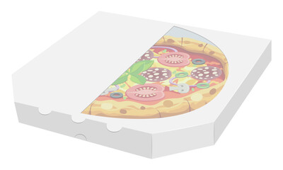 crispy pizza freshly baked with sausage, tomatoes, olives, mushrooms and cheese vector illustration isolated on white background