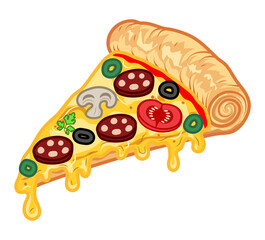crispy pizza freshly baked with sausage, tomatoes, olives, mushrooms and cheese vector illustration isolated on white background