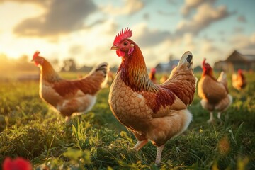 Chickens foraging in a sunny farm field with a picturesque landscape at sunset