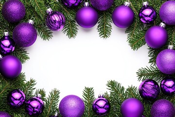 Holiday decorations on bright white background featuring purple ornaments and lush green fir branches arranged