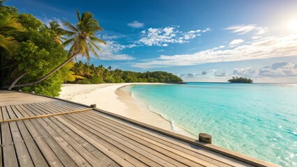 Fototapeta premium a stunning tropical beach view from a wooden deck