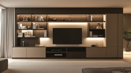 Fototapeta premium A contemporary wall unit with neutral-colored open shelves and a spacious TV shelf, enhanced with dark wood accents