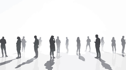 The image depicts numerous human silhouettes scattered across a bright white background. The figures are rendered in shades of gray, appearing as indistinct shapes without discernible features.