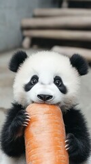 Obraz premium Panda cub happily munching on a large carrot in an outdoor habitat