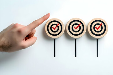 A hand pointing at three targets, symbolizing goal achievement and success in business strategy and planning.