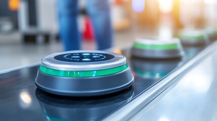 Modern round electronic devices on a long industrial conveyor belt