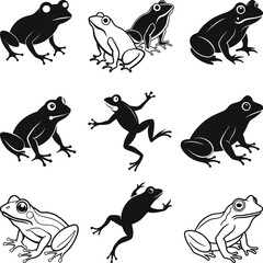 Frog silhouettes. Collection of vector amphibian silhouette isolated. Vector silhouettes of amphibians,
