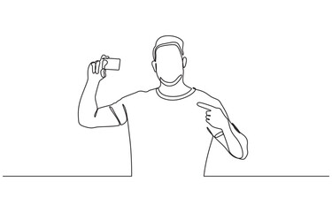 Continuous one line drawing of man holding business card concept of online shopping, Man hand holding a blank card illustration- continuous line drawing.