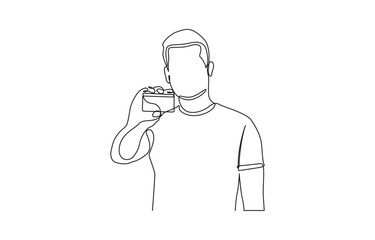 Continuous one line drawing of man holding business card concept of online shopping, Man hand holding a blank card illustration- continuous line drawing.