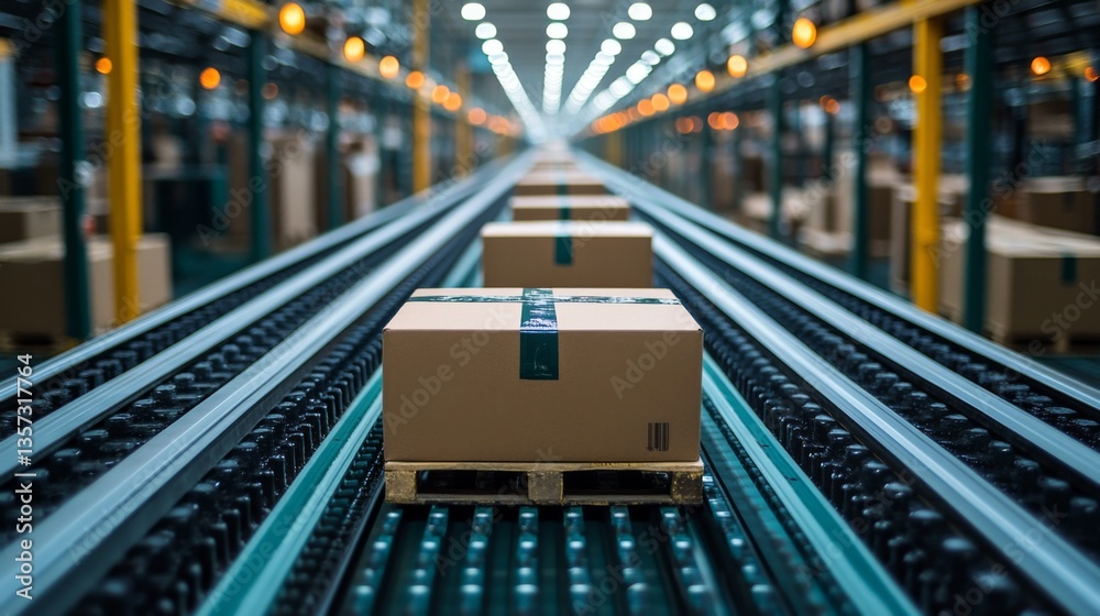 Poster Organized pallets with packed boxes move along a conveyor system in a busy warehouse, showcasing the logistics and distribution activity taking place within the facility.