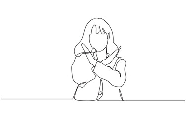 Woman crossing arms and saying no gesture Person making stop sign with hands, Single continuous line drawing young woman crossing arms and saying no gesture person making X shape.