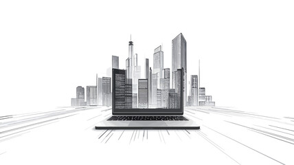 Fototapeta premium The image is a monochrome, stylized illustration or rendering. It depicts a grayscale cityscape composed of various sized skyscrapers rising from behind a laptop computer screen. The laptop is