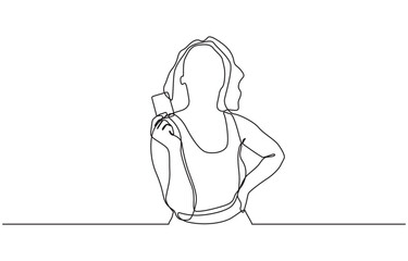 Continuous one line drawing of old woman with a mobile phone, Happy young woman making online payment.one line drawing of woman holding payment card.