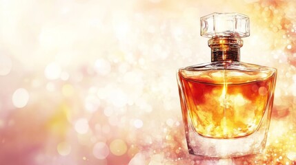 Elegant Perfume Bottle on Sparkling Background - A luxurious amber perfume bottle sits on a shimmering, bokeh-filled background. Perfect for beauty, fragrance, and luxury product advertising