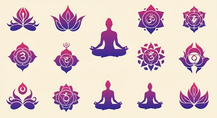 A set of flat-design icons depicting yoga and meditation symbols in a spectrum of rainbow colors