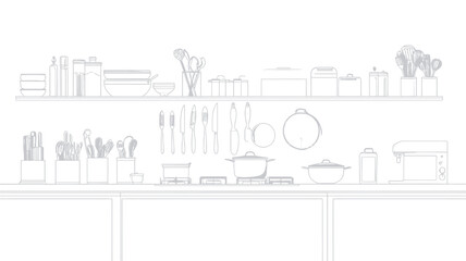 The image is a minimalist line art illustration depicting a kitchen shelf and countertop.  The shelf displays various jars, bottles, and boxes, suggesting spices and food storage. The countertop
