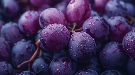 Fresh, vibrant purple grapes glistening with dew droplets, showcasing their luscious appeal.