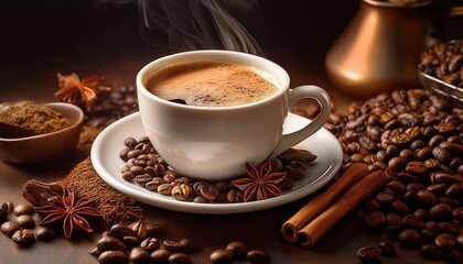 Fototapeta premium aromatic coffee in white cup surrounded by coffee beans and spices evoking warmth and comfort